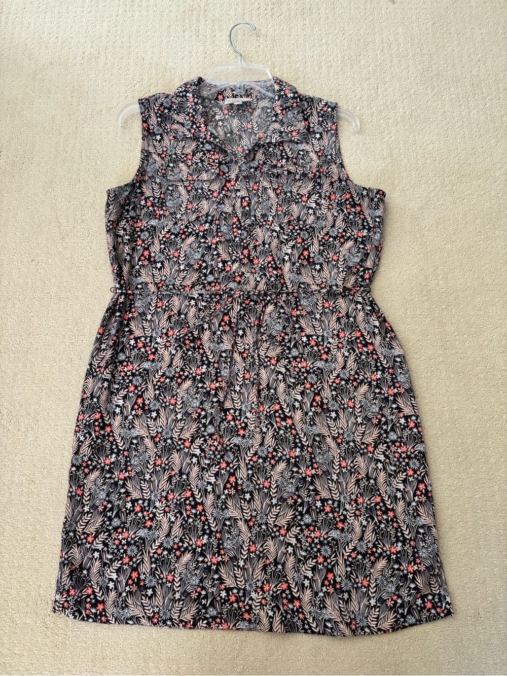 Loft Women’s Sleeveless Navy Pink Floral Tie-Waist Collared Dress Size Small S
